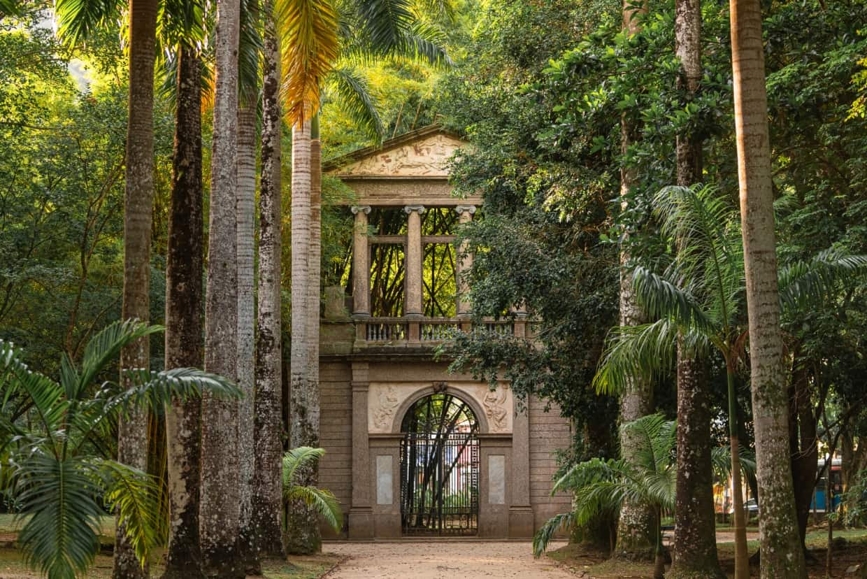 Historic stone gate with columns, surrounded by tall palm trees and dense vegetation in the botanical garden