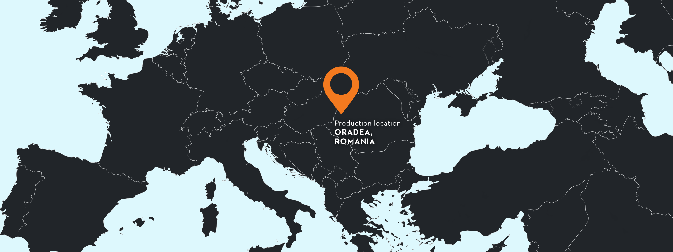 Stylized map of Europe with large orange pin marking Oradea, Romania as highlighted production location